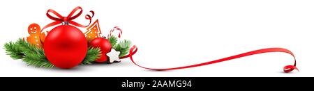Weihnachtsdekoration mit christmas ball, Tannen Zweigen, Gingerbread Man, Cookies und gewelltes Band Stock Vektor