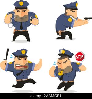 Polizist Cop Set Vector Illustration, mit Officer in fünf verschiedenen Situationen wie Pfeifen cop mit STOP-Schild, cop, Seitenansicht mit g Stock Vektor