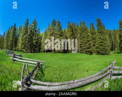 Anmelden Zaun, Dallas Creek Road, County Road 7, San Juan Mountains in der Nähe von Fethiye, Colorado. Stockfoto