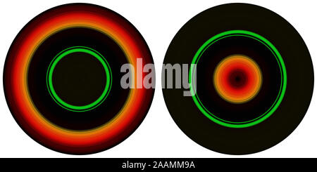 Satz mit 2 hellen abstrakte farbenfrohe Kreise auf weißem Hintergrund. Kreisförmige Linien, radial gestreifte Textur in Orange, Grün und Schwarz gehalten. Stockfoto