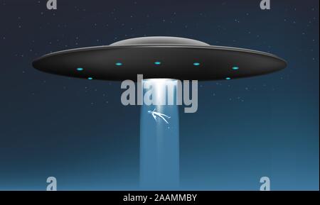 24.00 Uhr Alien UFO Entführung Schiff mit Fliegenden menschlichen Körper Vector Illustration. Stock Vektor