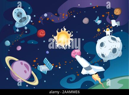 Cartoon galaxy Szene mit Raumschiff, Aliens, die Sonne und das Sonnensystem, und ein Astronaut. Stock Vektor