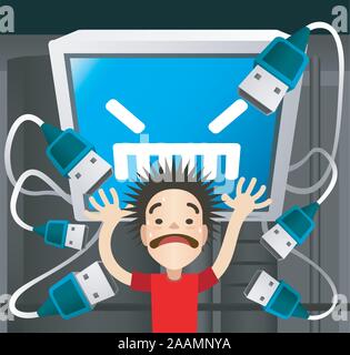 Eine PC-USB-Kabel versucht, auf einem erschrockenen jungen zu stopfen, in Panik schreiend, mit offenen Armen, Cartoon Stil. Vector Illustration. Stock Vektor