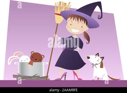 Mädchen in der Hexe Kostüm Hexe spielen Cartoon Illustration Stock Vektor