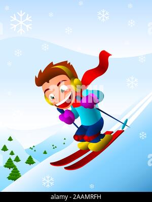 Junge Ski downhill Winter Schneeflocke Urlaub. Vector Illustration Cartoon. Stock Vektor