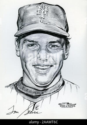 Portrait von New York Mets Spieler Tom Seaver vom Wunder Team 1969 Mets, der World Series von Künstler Stark gewonnen und veröffentlicht als Souvenir Portfolio durch die Nachrichten von New York. Stockfoto