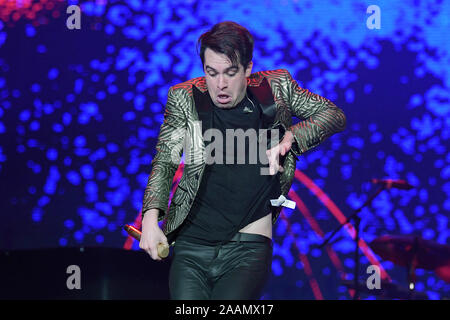 Rio de Janeiro, Brasilien, am 3. Oktober 2019. Sänger Brendon Urie der Panik! In der Disco, während ein Konzert bei Rock in Rio 2019 in der Stadt von Rio. Stockfoto