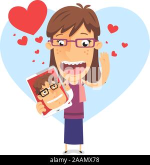 In Liebe geek girl Holding ein Ipad mit nerd Freund Vector Illustration, mit Herzform backround und viele Herzen in verschiedenen Größen in Rot und bl Stock Vektor