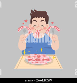 Fat Man liebe Speck essen ketogenic Diät Gewichtsverlust Healthcare Konzept Cartoon. Stockfoto