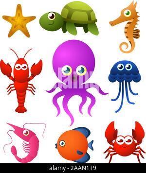 Neun Sea Life Tierarten Symbole, wie Seesterne, Schildkröte, Seepferdchen, Peeling, Oktopus-Vektor-Illustration. Stock Vektor