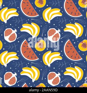 Nahtlose Muster mit niedlichen hand Früchte mit Blättern auf blauem Hintergrund dargestellt. Melone, Banane, Granatapfel und Pfirsich. Vektor illustartion. Stock Vektor