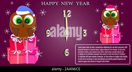 Wunschkarte Frohes neues Jahr mit Eulen und Geschenkboxen. Vector Illustration. Stock Vektor