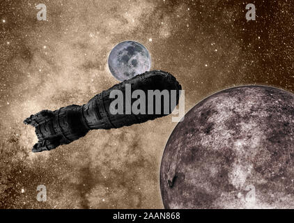 Schwarz militärischen Alien Raumschiff auf Deep Space Stockfoto