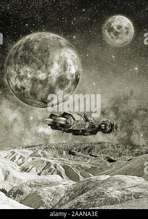 Außerirdisches Raumschiff in der Nähe eines toten Desert Planet Stockfoto