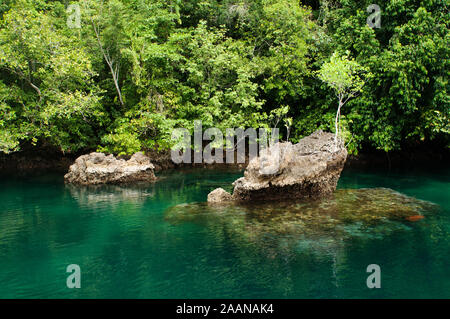 Malerischer Blick auf Passage chanel zwischen Gam und Insel Waigeo, Raja Ampat, West Papua Indonesien. Stockfoto