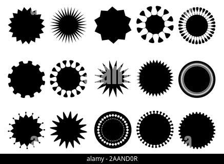 Der Vektor Starburst, Verkauf Aufkleber, Preis, Qualität, sunburst Abzeichen. Einfache Flat Style Vintage Etiketten. Designelemente. Flache Darstellung Stock Vektor