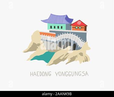 Doodle flachbild Vector Illustration von haedong Yonggungsa seaside Tempel in Busan, Südkorea Stock Vektor