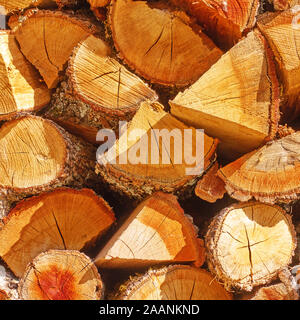 Brennholz-Stack der gehackten Holzbalken closeup Stockfoto