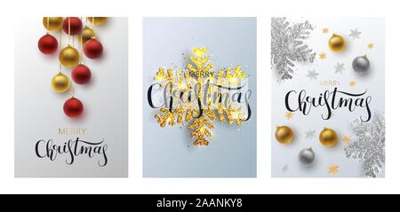 Set Weihnachten Grußkarte, grauen Hintergrund. Gold und Silber Christmas Ball. Metallic Gold und Silber Weihnachten Schneeflocke. Handgezeichneten Schriftzug. Vecto Stock Vektor
