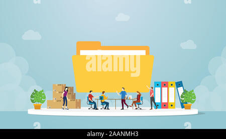 Dateien Management Konzept mit Team Menschen in Büros zu verwalten und bereiten Daten mit großen Ordnersymbol mit modernen Flat Style-Vector Illustration Stockfoto