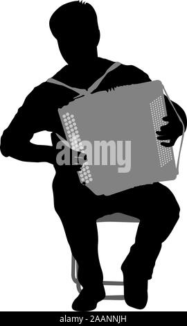 Silhouette Musiker, Akkordeonspieler auf weißem Hintergrund, Vektor-Illustration. Stock Vektor