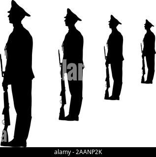 Schwarze silhouette Soldat marschiert mit den Armen auf der Parade. Stock Vektor