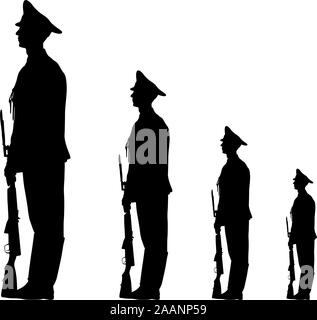 Schwarze silhouette Soldat marschiert mit den Armen auf der Parade. Stock Vektor