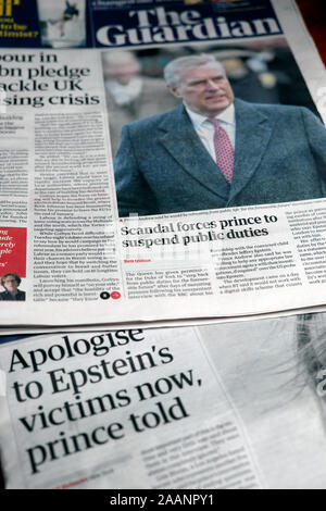Prinz Andrew "Skandal Kräfte Prinz an der öffentlichen Aufgaben' Seite Schlagzeile in der Zeitung The Guardian vom 21. November 2019 London England UK aussetzen Stockfoto