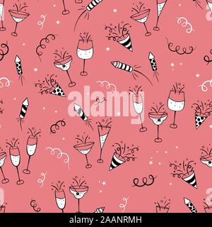 Spaß Hand gezeichnet Neue Jahre Partei doodles - Feuerwerk, Papier Streamer, Cocktails und Raketen, ideal für Banner, Tapeten, Textilien, Verpackung Stock Vektor