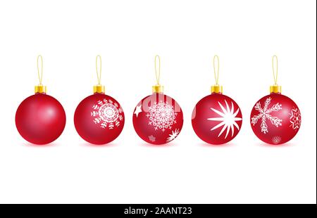 Satz von Vector rot Glas Christbaum Kugeln mit Zeichnung Schneeflocken hängen auf gelb Ösen auf weißem Hintergrund. 3D-Darstellung. Stock Vektor