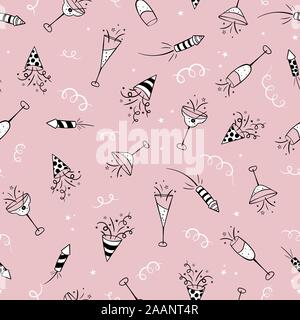 Spaß Hand gezeichnet Neue Jahre Partei doodles - Feuerwerk, Papier Streamer, Cocktails und Raketen, ideal für Banner, Tapeten, Textilien, Verpackung Stock Vektor