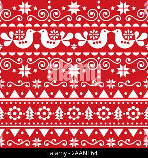 Skandinavische Weihnachten niedlich nahtlose Vektor Muster volkskunst Stil, sich wiederholende Winter retro Nordic Design mit Vögeln, Weihnachtsbäume, Schneeflocken und Stock Vektor