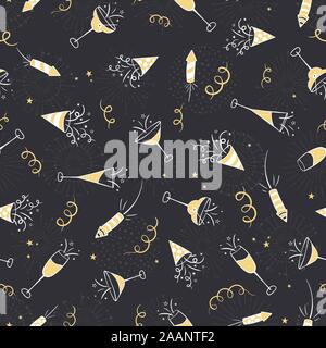 Spaß Hand gezeichnet Neue Jahre Partei doodles - Feuerwerk, Papier Streamer, Cocktails und Raketen, ideal für Banner, Tapeten, Textilien, Verpackung Stock Vektor