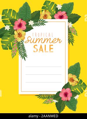 Tropical Summer Sale mit Rahmen und Blumen Stock Vektor