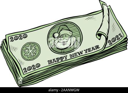 2020 2021 Banknoten Geld Bargeld. Jährliche Bonus. Weihnachtsmann Charakter Weihnachten neues Jahr Stock Vektor