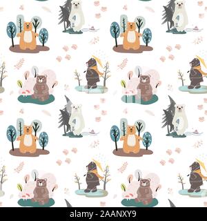 Nahtlose Muster mit niedlichen Bären und verschiedene Elemente. Vector Illustration im skandinavischen Stil. Stock Vektor