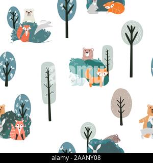 Nahtlose Muster mit niedlicher Bär, Fuchs, Hase und Kaninchen auf einem Hintergrund von Pflanzen. Abbildung Hand im skandinavischen Stil gezeichnet. Stock Vektor