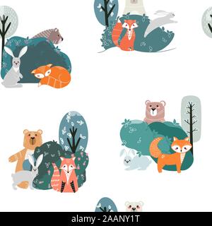 Nahtlose Muster mit niedlicher Bär, Fuchs, Hase und Kaninchen auf einem Hintergrund von Pflanzen. Abbildung Hand im skandinavischen Stil gezeichnet. Stock Vektor