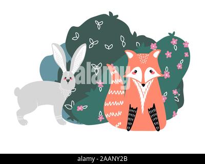 Süße Fuchs, Hase und Kaninchen auf einem Hintergrund von Pflanzen. Hand gezeichnet Abbildung im skandinavischen Stil. Stock Vektor