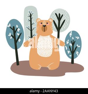 Niedlichen Bären auf dem Hintergrund der Bäume. Hand gezeichnet Abbildung im skandinavischen Stil. Stock Vektor