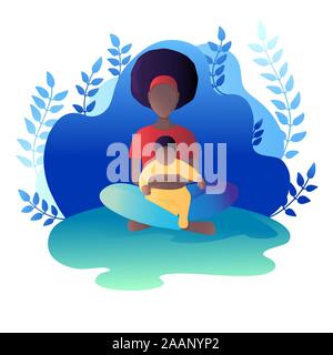 Mutter und Kind sitzen im Lotussitz. Vector Illustration im flachen Stil. Stock Vektor