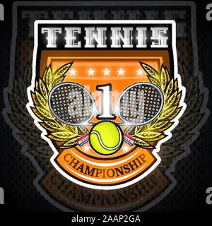 Gekreuzte Schläger mit Tennis ball und die Nummer eins in der Mitte der goldenen Kranz auf dem Schild. Vector sport Logo für jedes Team oder den Wettbewerb isoliert Stock Vektor