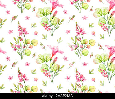 Aquarell Transparente freesia und Hibiscus Blüten und Blätter. Nahtlose tropische Muster isoliert auf Weiss. Botanische Illustration für Hochzeit Design Stockfoto