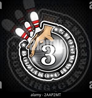 Hand halten Bowling Kugel mit der Nummer drei in der Mitte und Kegeln. Sport runde Logo für jedes Team oder Meisterschaft Stock Vektor