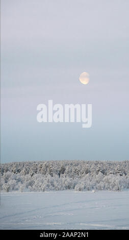 Finnland, See Menesjarvi - Januar 2019: Tageslicht Mond, im Morgen Himmel erhebt sich über gefrorenen See Stockfoto