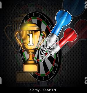 Rote und blaue Pfeile mit Cup der erste Ort auf eine Dartscheibe. Sport Logo für alle Darts oder Meisterschaft Stock Vektor