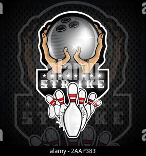 Zwei Hand halten Bowling Ball und Streuung Pins in der Mitte. Sport Logo für jedes Team oder Meisterschaft Stock Vektor