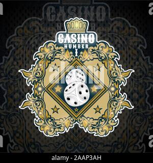 Zwei Würfel in der Mitte des blauen Banner mit goldenem Muster. Sport Logo für jedes Casino oder Brettspiel All Star Stock Vektor
