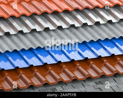 Verschiedene Arten von Dach Beschichtung. Aus Schichten von Blech Profile, keramische Fliesen, Asphalt Dachschindeln und Gips, Schiefer. 3d-illustr Stockfoto