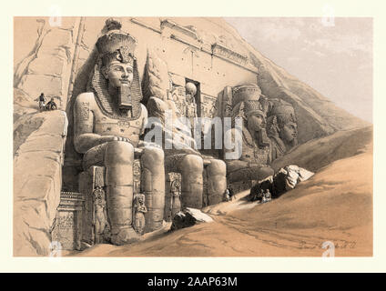 Kolossale Statuen im Großen Tempel von Abu Simbel, von David Roberts. 19. Der Abu Simbel Tempel sind zwei massive rock Tempel von Abu Simbel, ein v Stockfoto